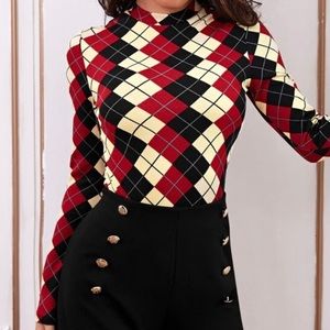 Argyle Mock Neck Long Sleeve Top